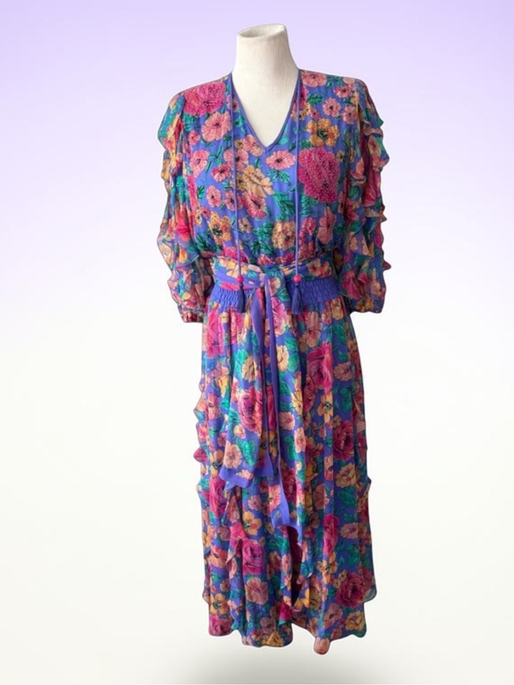 VTG Diane Freis Petites 100% Silk Ruffle Floral Print Midi Dress